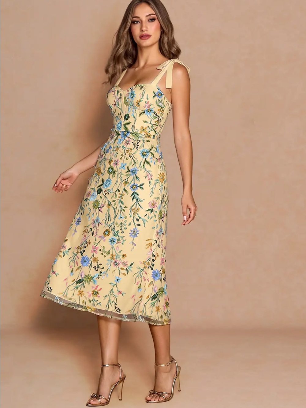 Amarie Lemon Yellow Floral Embroidered Midi Dress with Bow Tie-Shoulder Straps - Picture 7 of 7